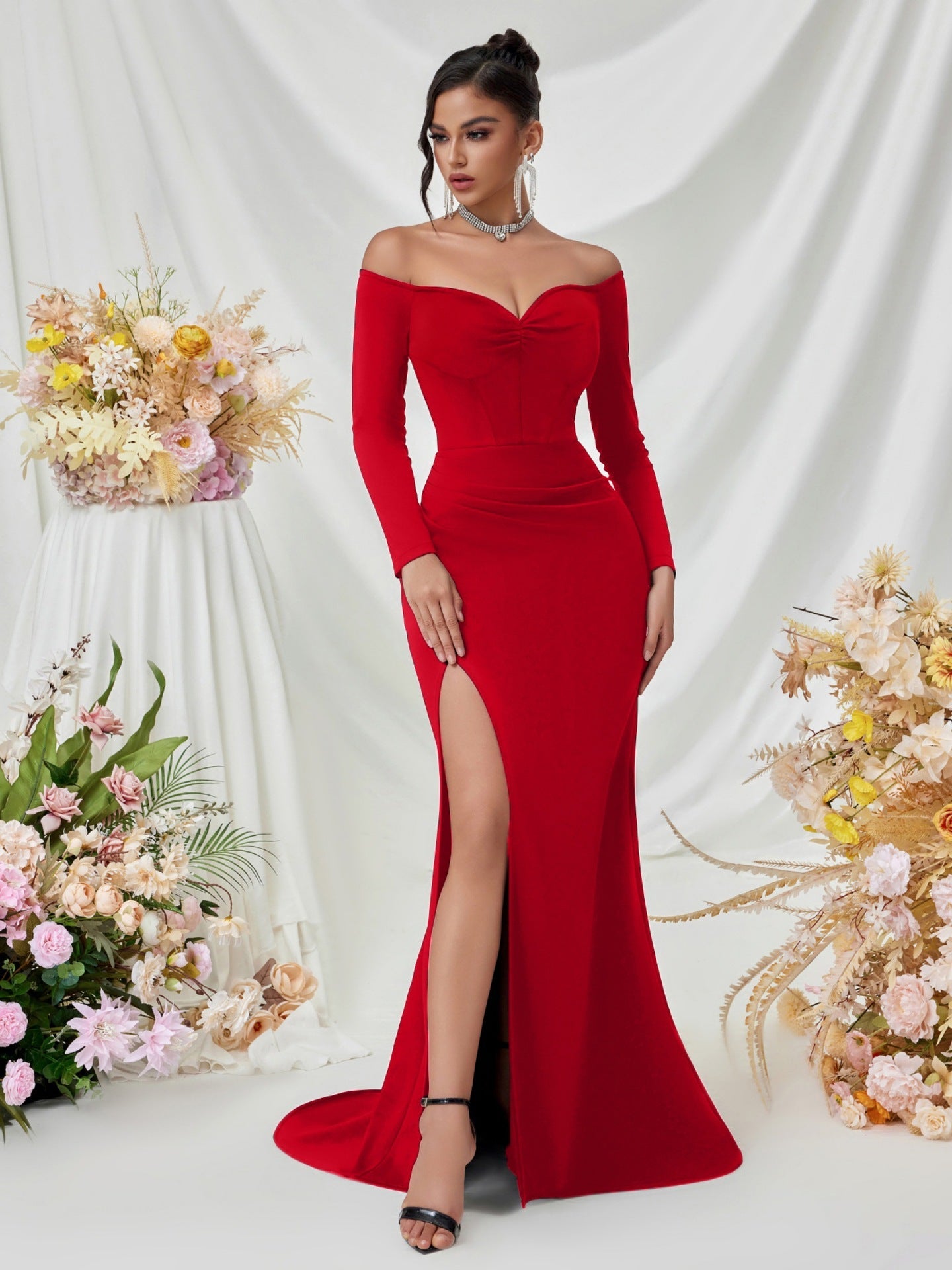 Off Shoulder Long Sleeve Corset Elegant Prom Dress XF05708
