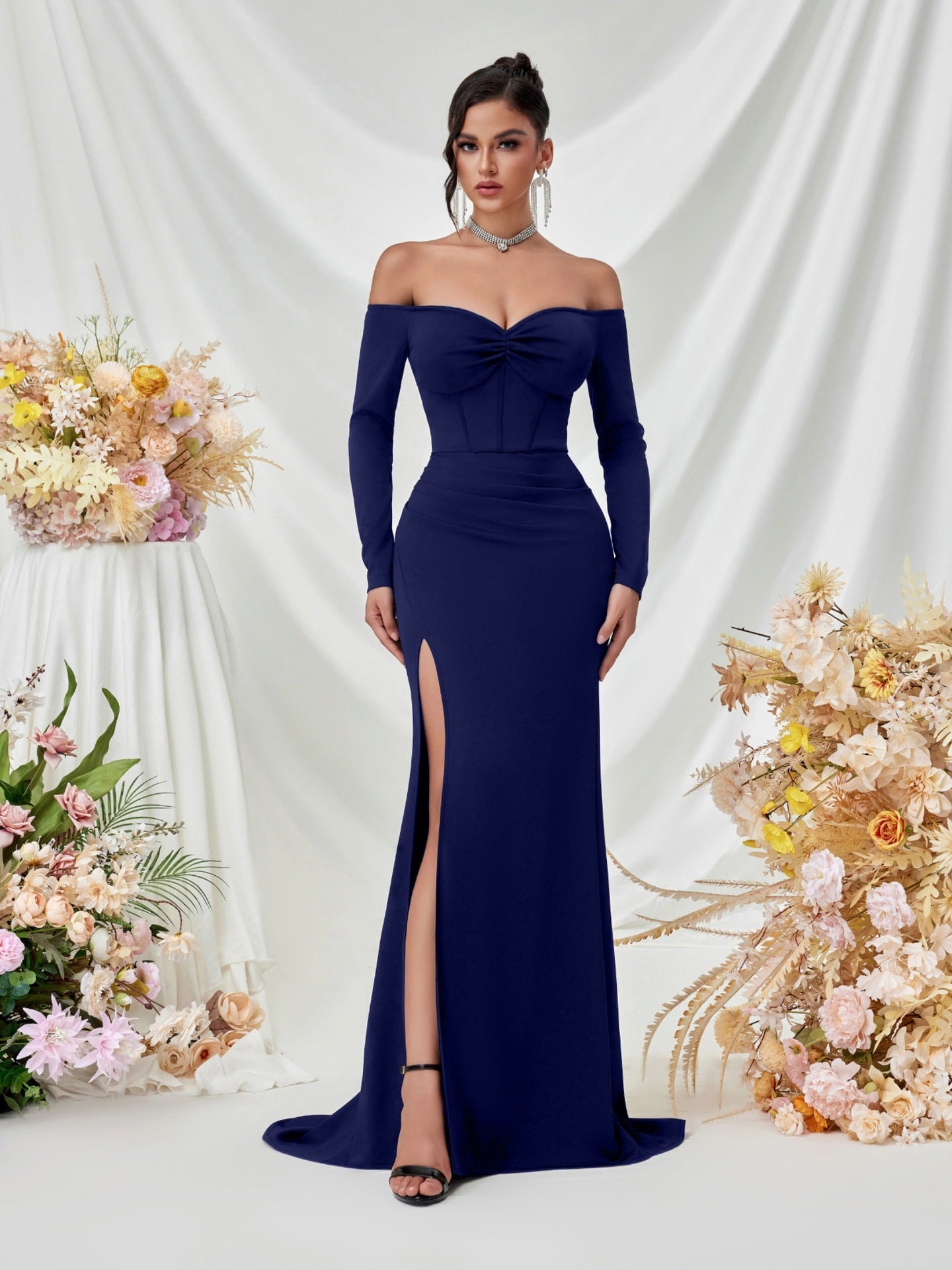 Off Shoulder Long Sleeve Corset Elegant Prom Dress XF05708