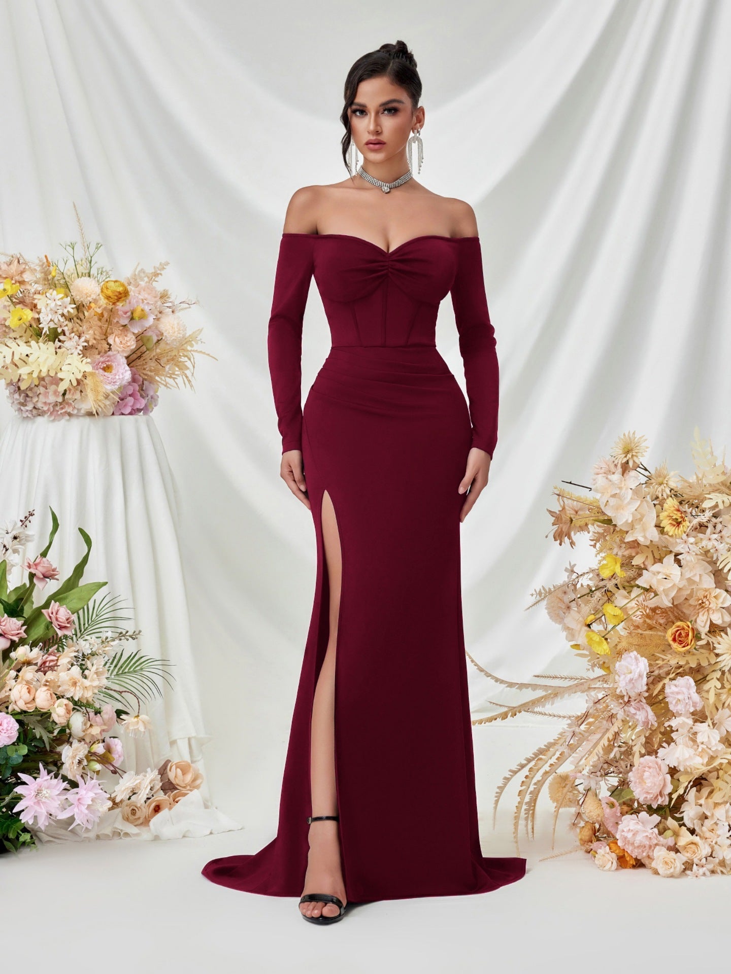 Off Shoulder Long Sleeve Corset Elegant Prom Dress XF05708