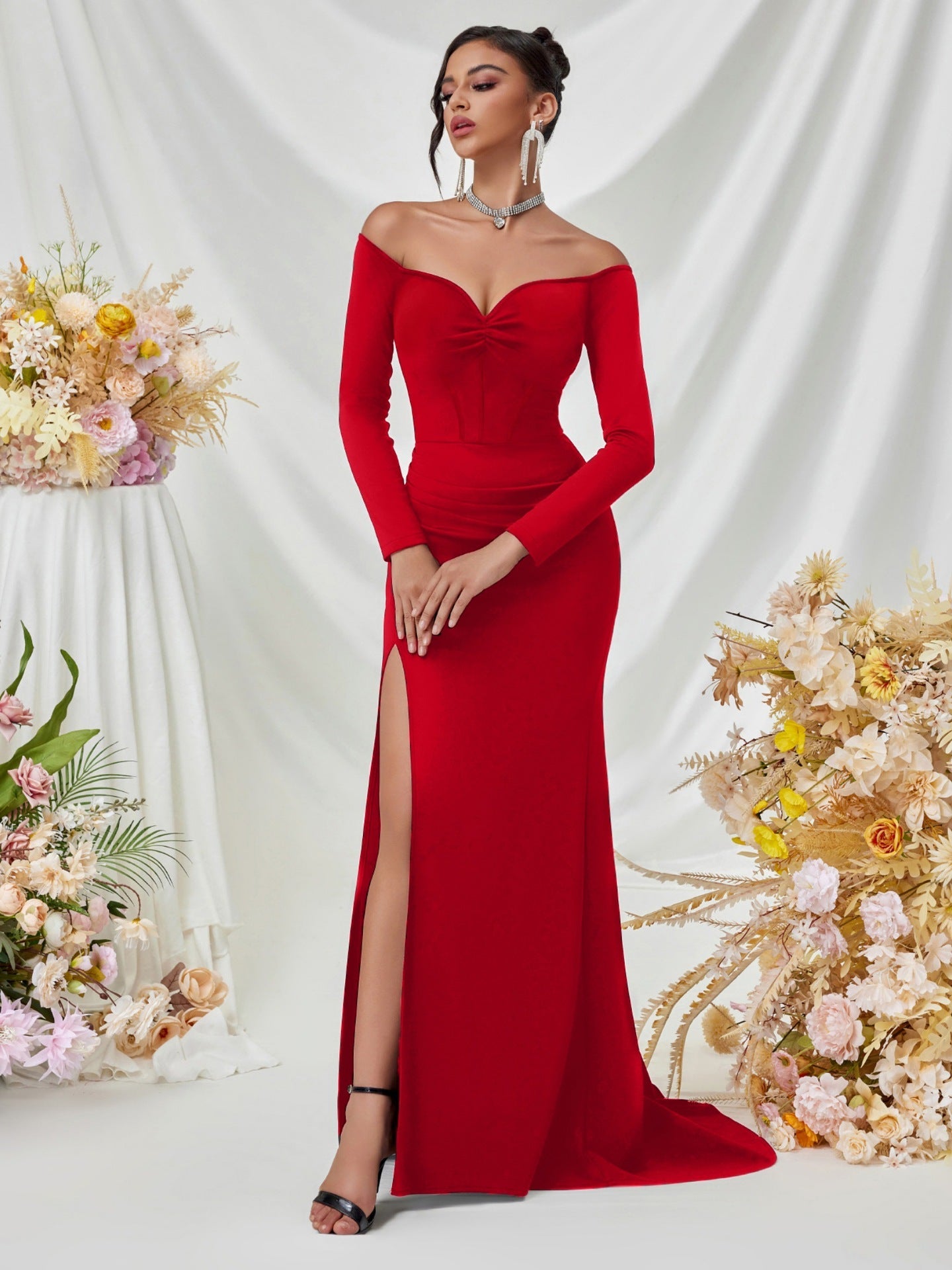 Off Shoulder Long Sleeve Corset Elegant Prom Dress XF05708