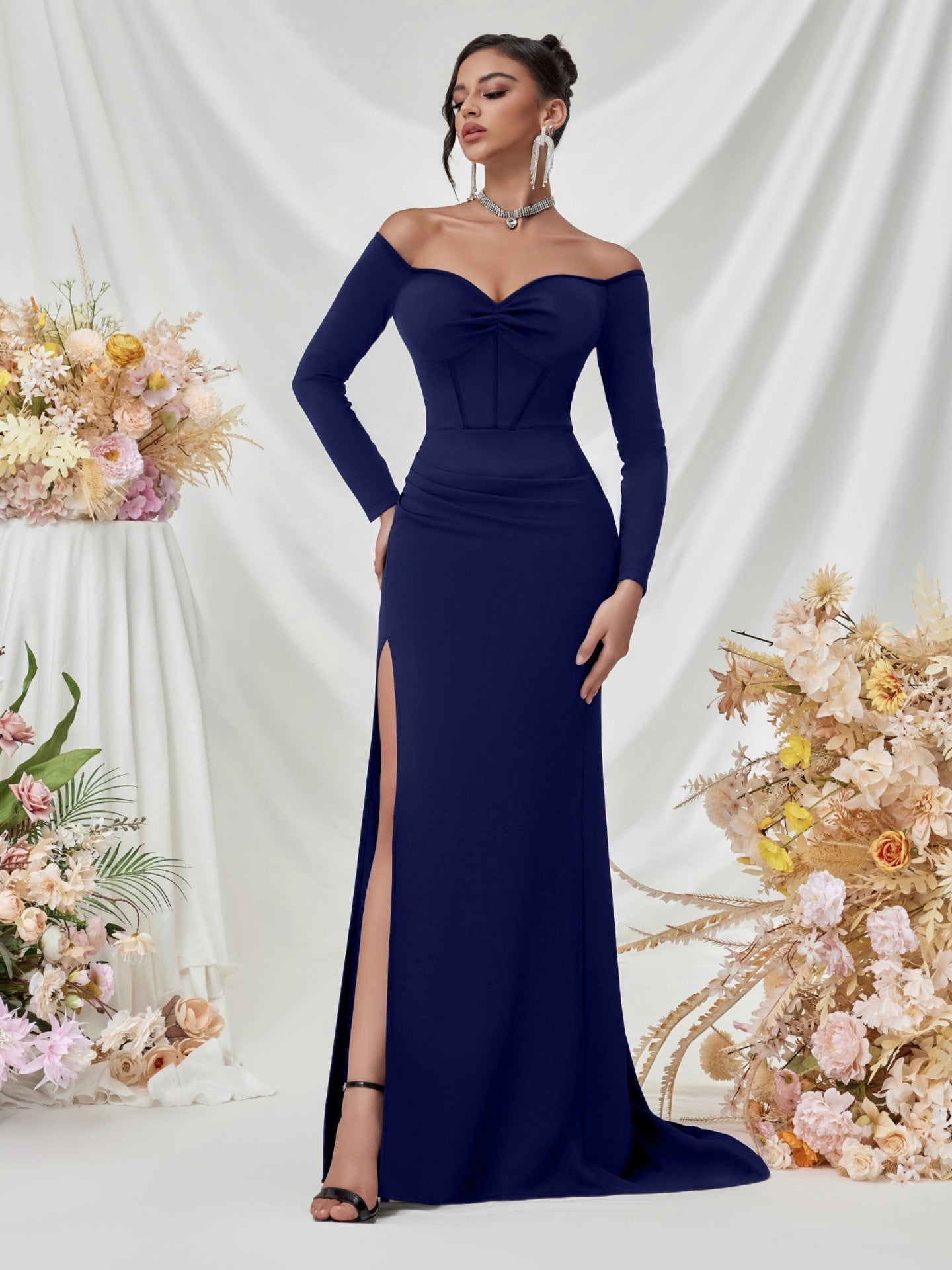 Off Shoulder Long Sleeve Corset Elegant Prom Dress XF05708
