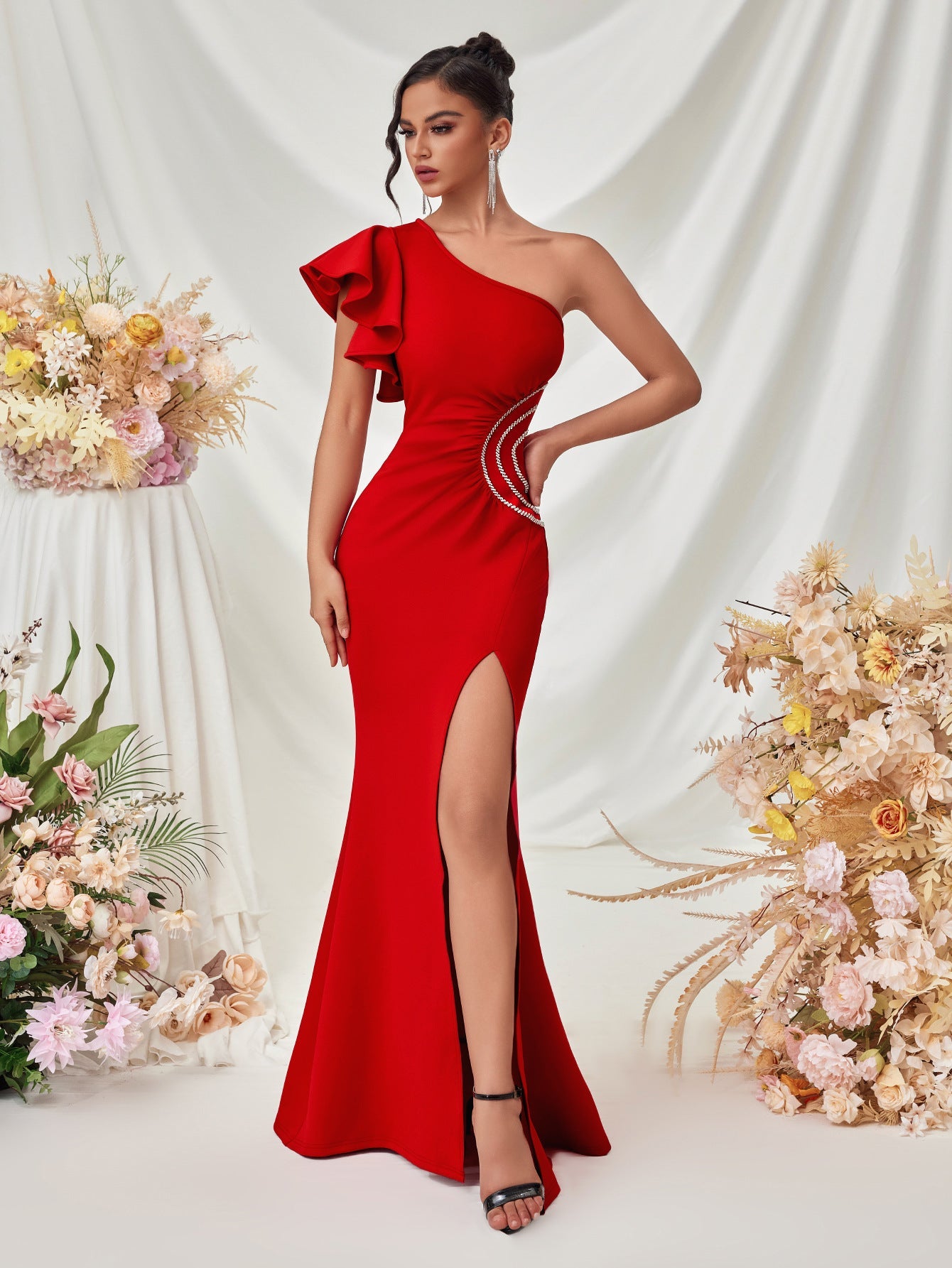 Ruffled One Shoulder Split Ruched Wedding Guest Dress XF05710
