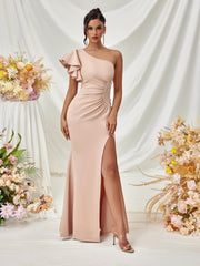 Ruffled One Shoulder Split Ruched Wedding Guest Dress XF05710