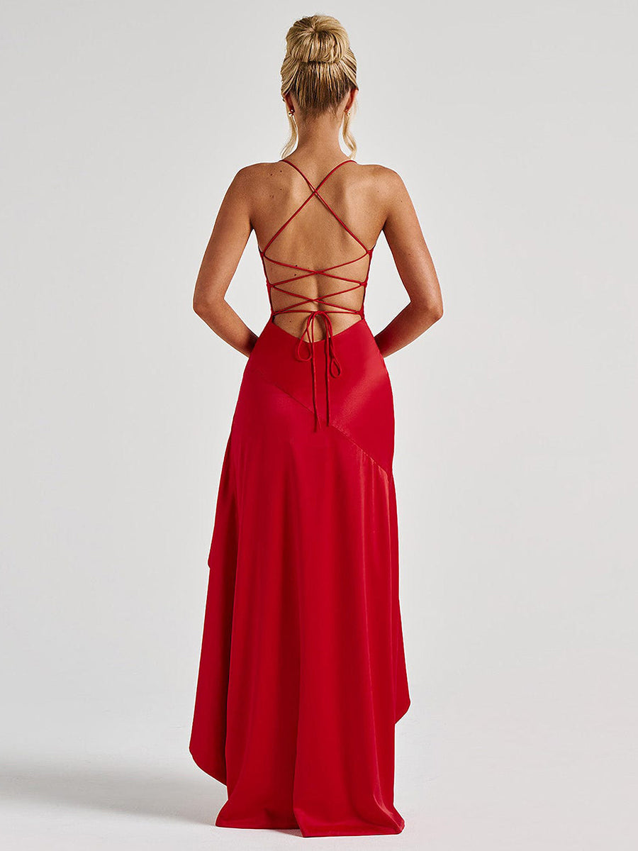 Spaghetti Lace Back Asymmetric Cocktail Dress XF05755