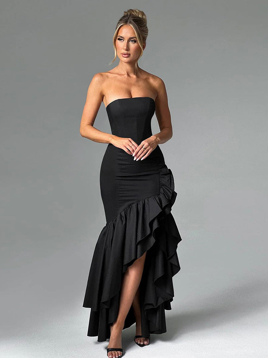 Wine Strapless Ruffled Asymmetrical Prom Dress XF05765