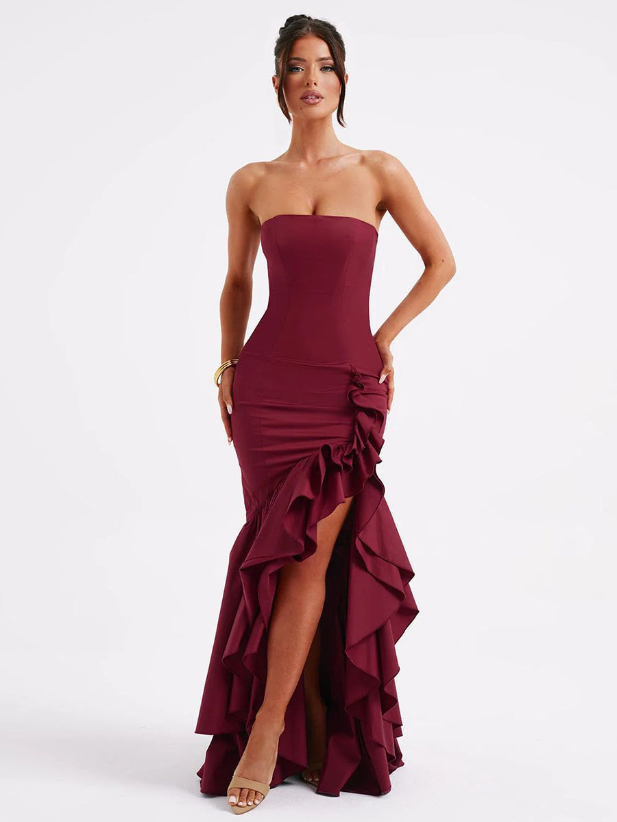 Wine Strapless Ruffled Asymmetrical Prom Dress XF05765