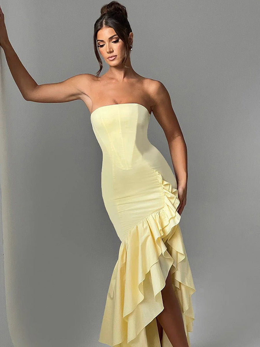 Wine Strapless Ruffled Asymmetrical Prom Dress XF05765