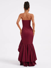 Wine Strapless Ruffled Asymmetrical Prom Dress XF05765