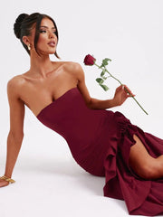 Wine Strapless Ruffled Asymmetrical Prom Dress XF05765