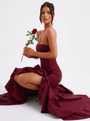 Wine Strapless Ruffled Asymmetrical Prom Dress XF05765