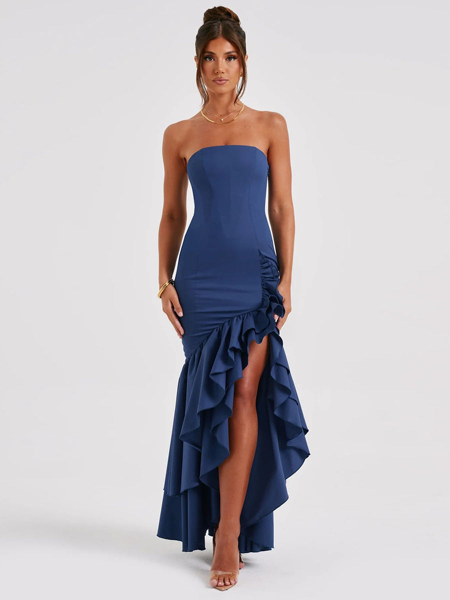 Wine Strapless Ruffled Asymmetrical Prom Dress XF05765