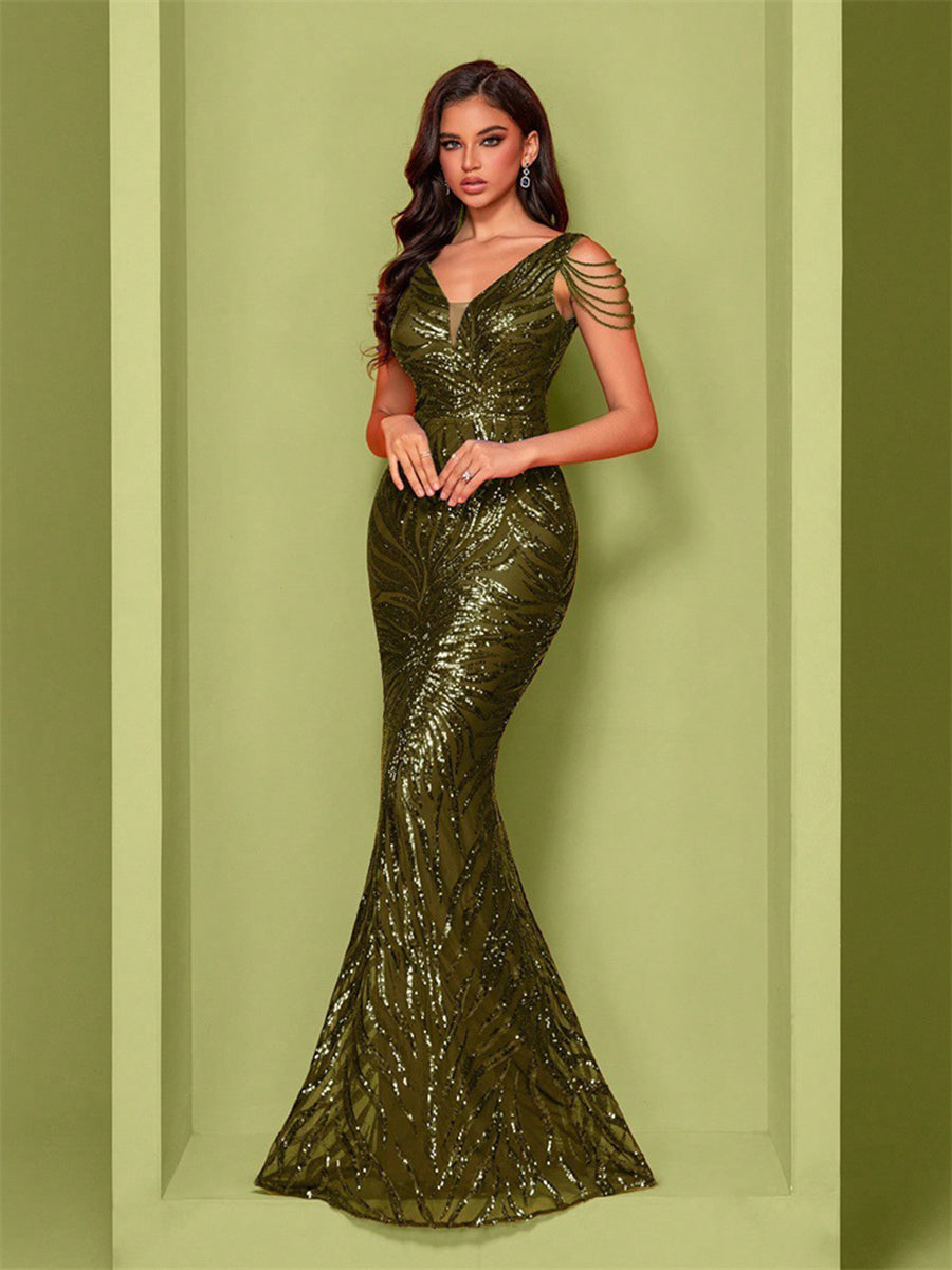 Green Sequin Chain Mermaid Cocktail Dress XF1019