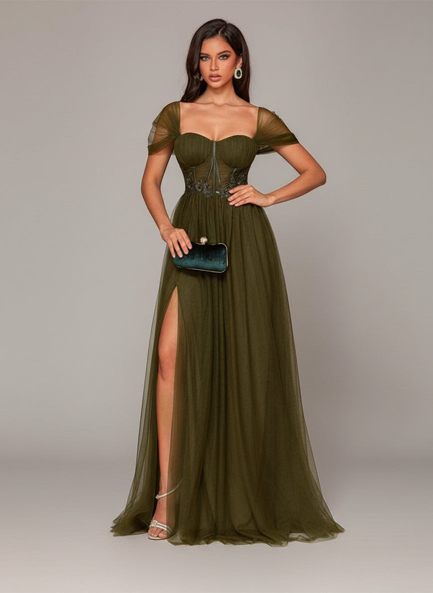 Square Neck Corset Split Mesh Prom Dress XF1022