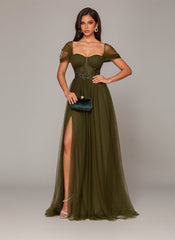 Square Neck Corset Split Mesh Prom Dress XF1022