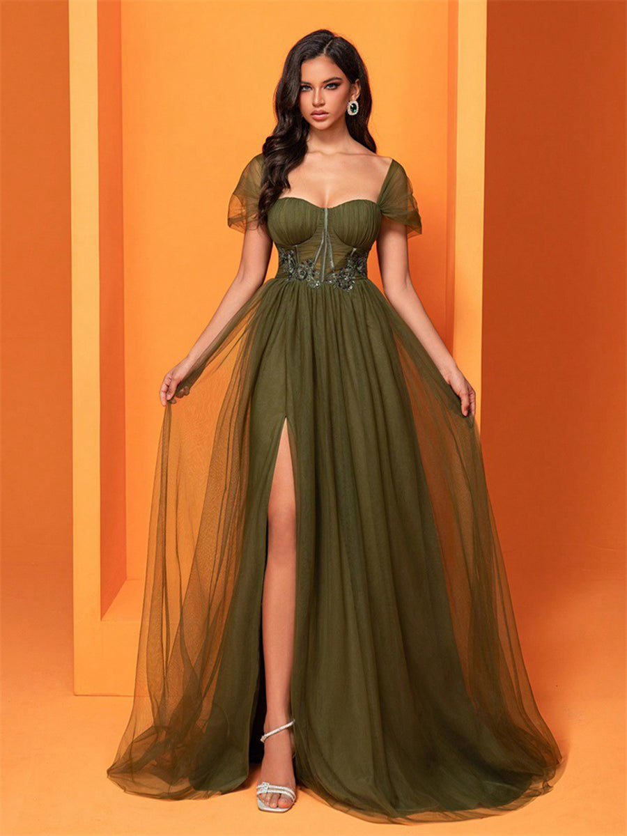 Square Neck Corset Split Mesh Prom Dress XF1022