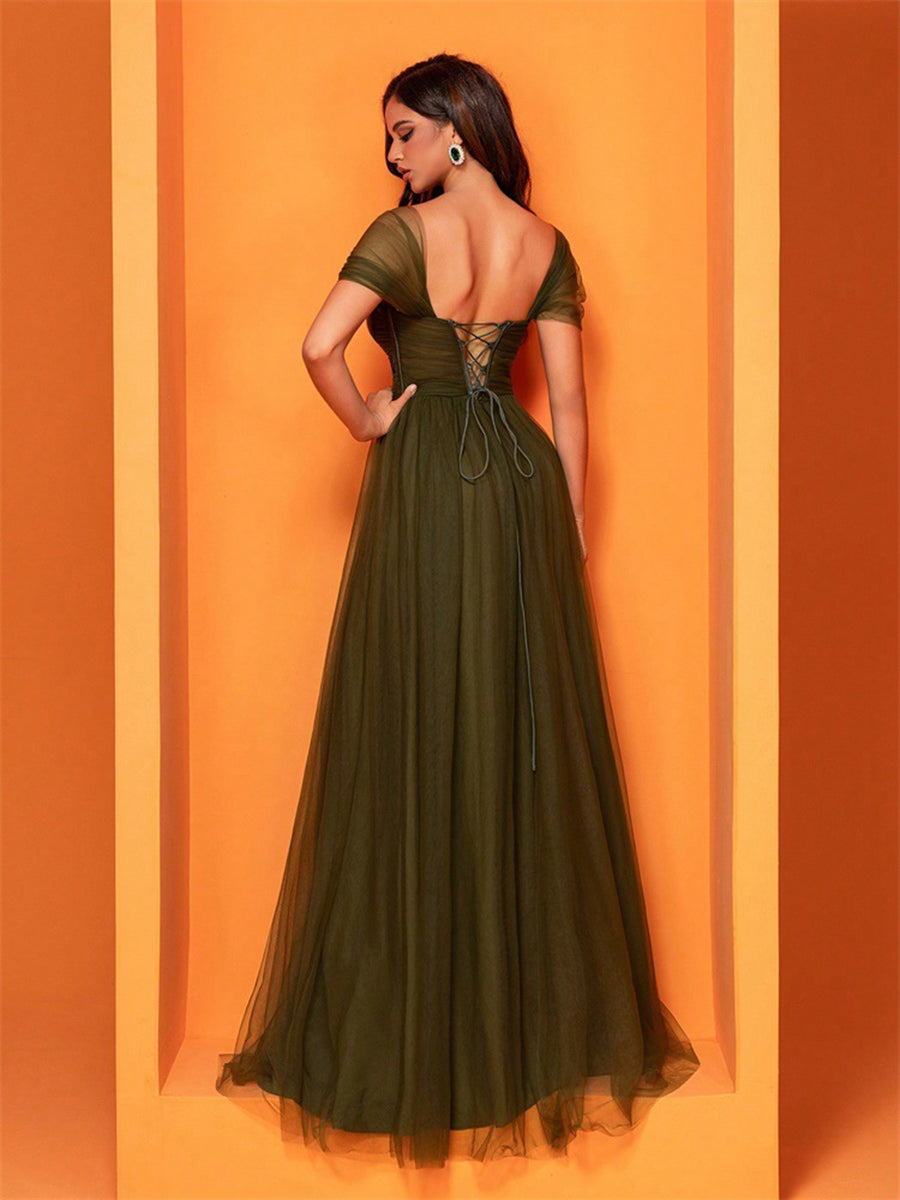 Square Neck Corset Split Mesh Prom Dress XF1022