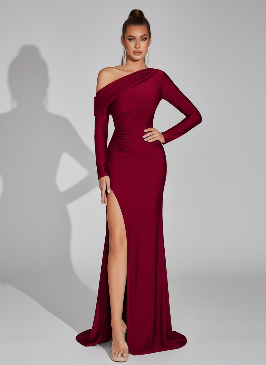 Burgundy One-Shoulder Long Sleeve Prom Maxi Dress XF250129