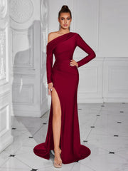 Burgundy One-Shoulder Long Sleeve Prom Maxi Dress XF250129