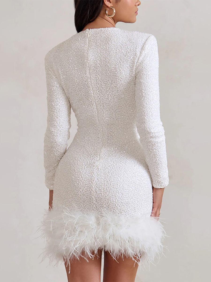 Long Sleeve Sequin Feather Mini Dress XF251193
