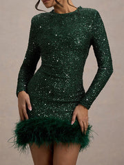 Long Sleeve Sequin Feather Mini Dress XF251193