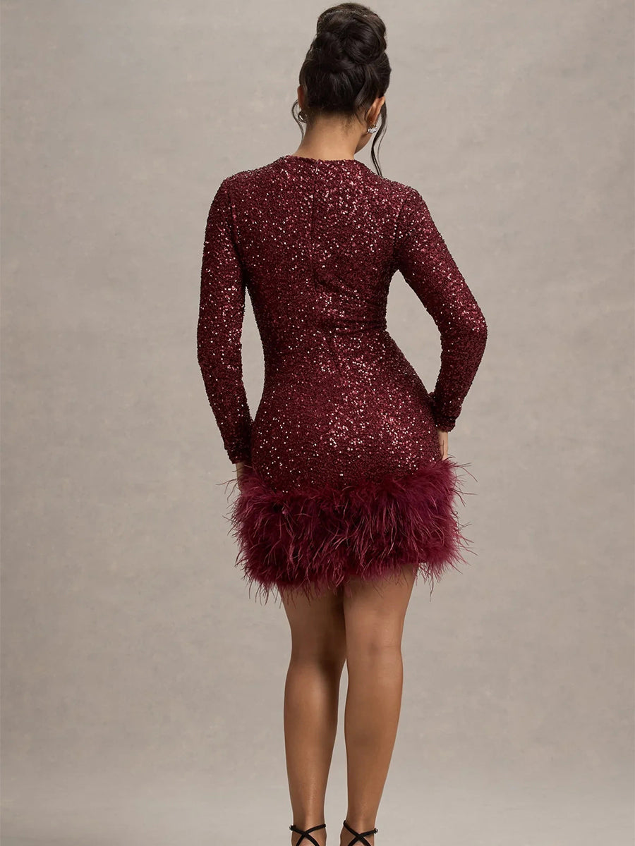 Long Sleeve Sequin Feather Mini Dress XF251193