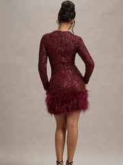 Long Sleeve Sequin Feather Mini Dress XF251193
