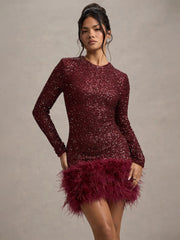 Long Sleeve Sequin Feather Mini Dress XF251193