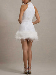 Sleeveless Sequin Feather Mini Party Dress XF251194