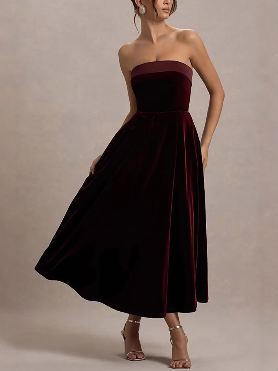 Burgundy Velvet Strapless Prom Dress XF251195