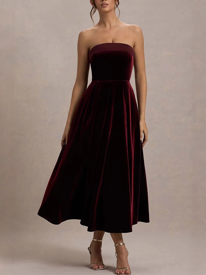 Burgundy Velvet Strapless Prom Dress XF251195