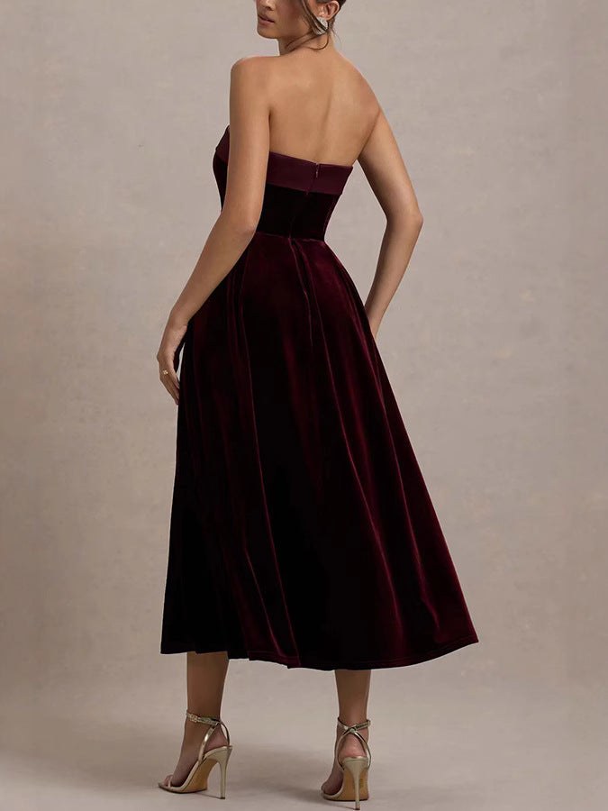 Burgundy Velvet Strapless Prom Dress XF251195