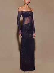 Navy See-through Sequin Long Sleeve Dress XF251196