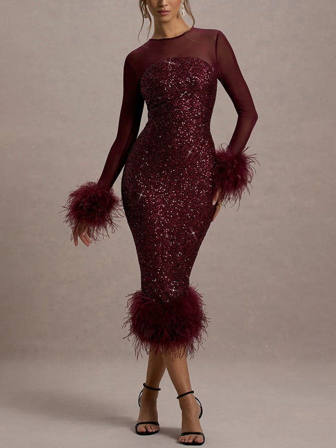 Venus Long Sleeve Feather Sequin Cocktail Dress
