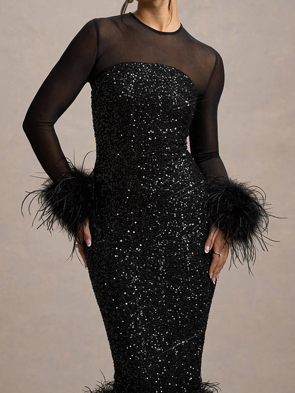 Venus Black Feather Bodycon Sequin Cocktail Dress