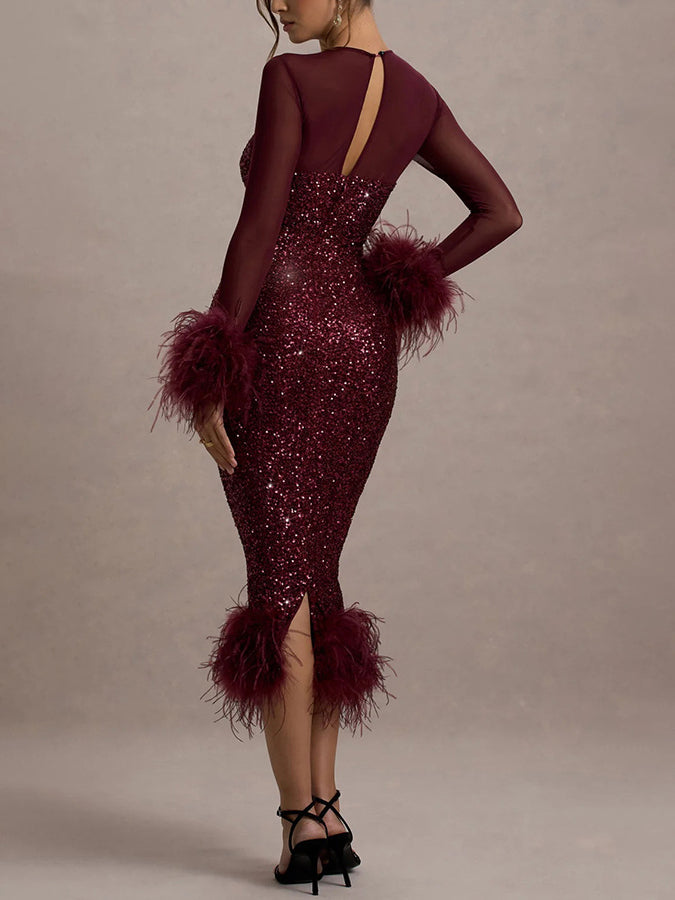 Venus Long Sleeve Feather Sequin Cocktail Dress
