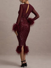 Venus Long Sleeve Feather Sequin Cocktail Dress