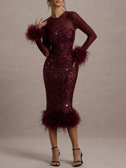 Venus Long Sleeve Feather Sequin Cocktail Dress