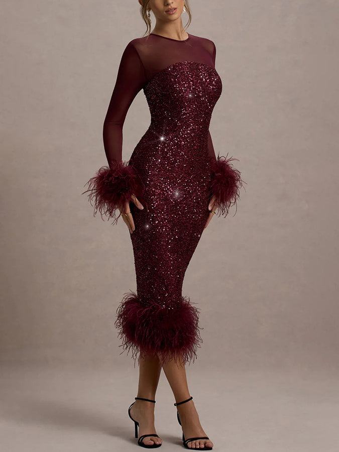Venus Long Sleeve Feather Sequin Cocktail Dress
