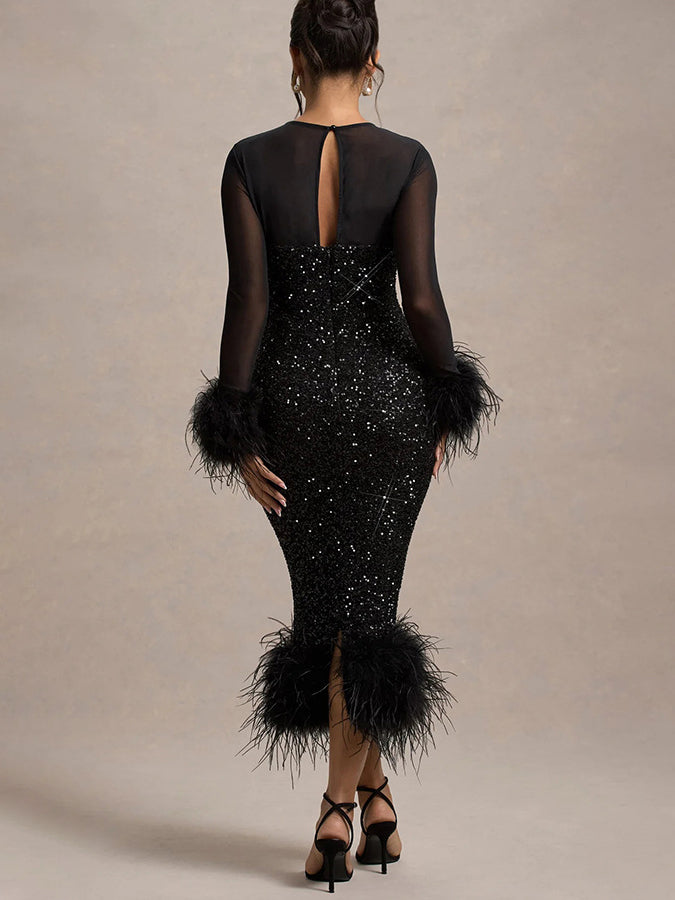 Venus Black Feather Bodycon Sequin Cocktail Dress