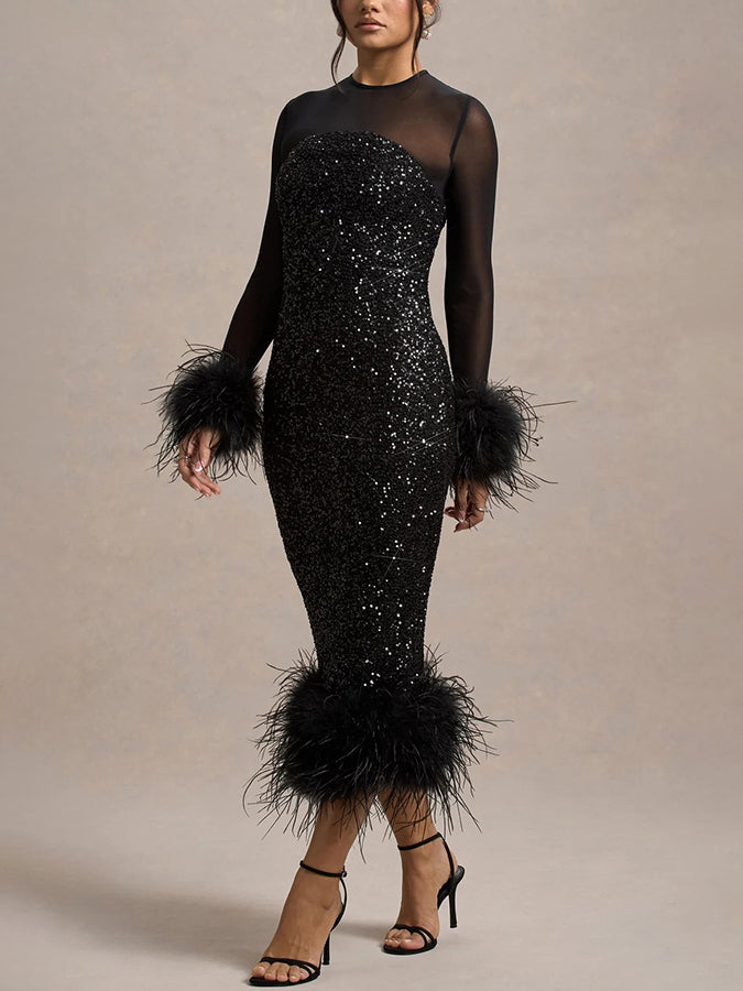 Venus Black Feather Bodycon Sequin Cocktail Dress