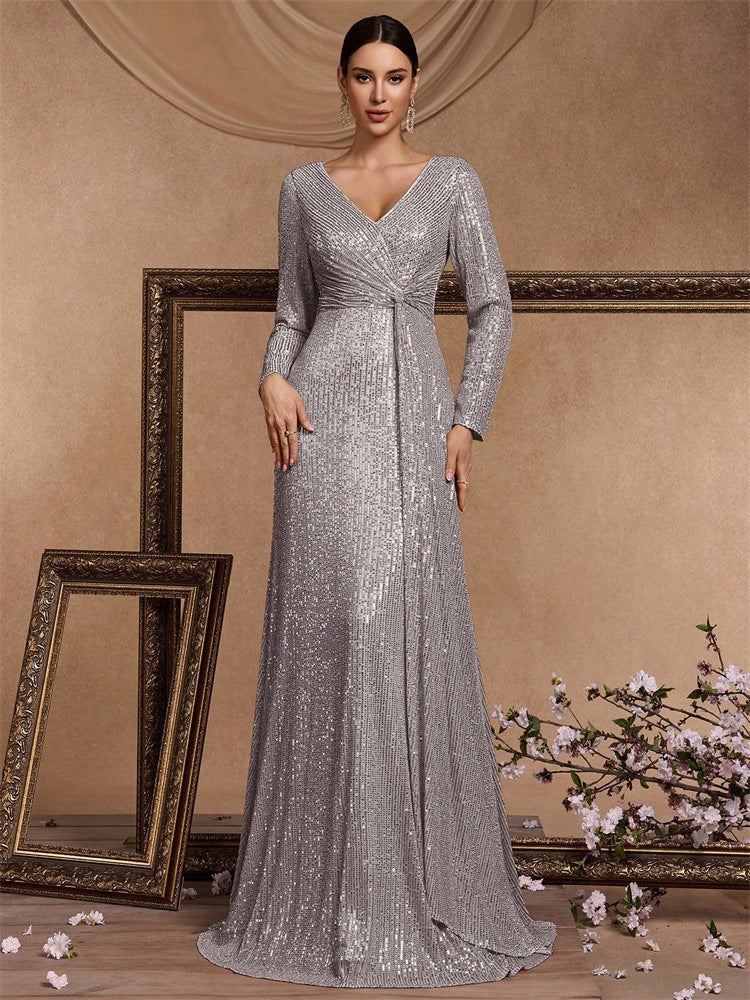 Evelyn Long-Sleeve Sequin Formal Dress