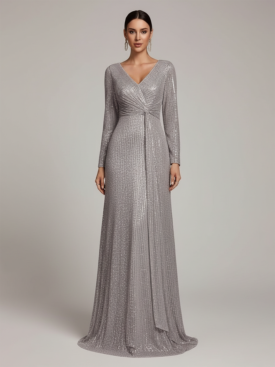 Evelyn Long-Sleeve Sequin Formal Dress
