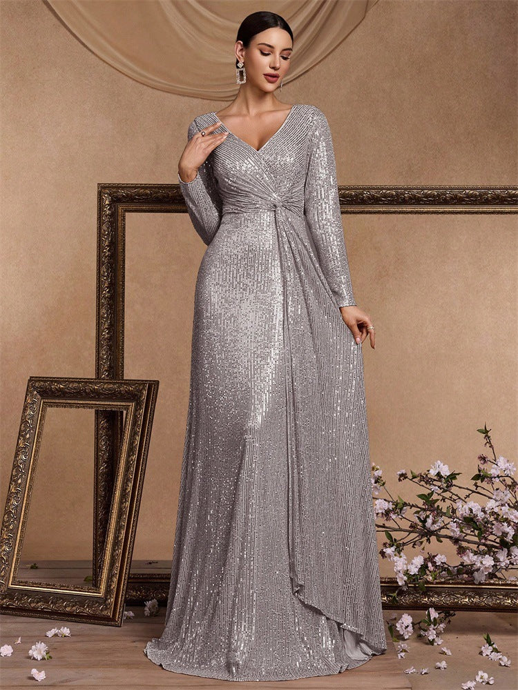Evelyn Long-Sleeve Sequin Formal Dress
