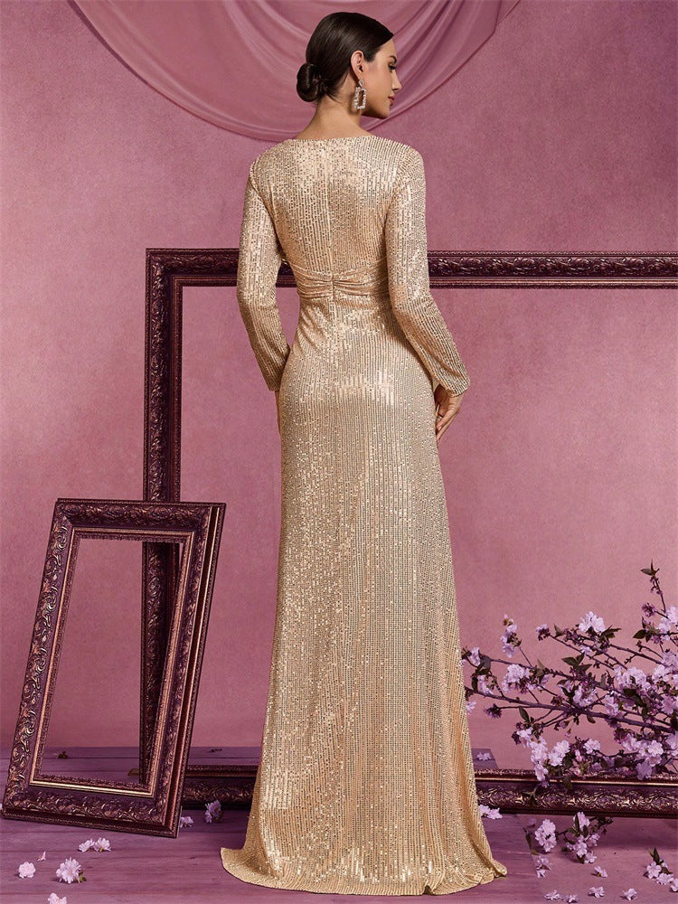 Evelyn Long-Sleeve Sequin Formal Dress