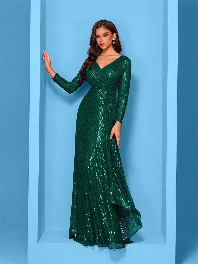 Evelyn Long-Sleeve Sequin Formal Dress