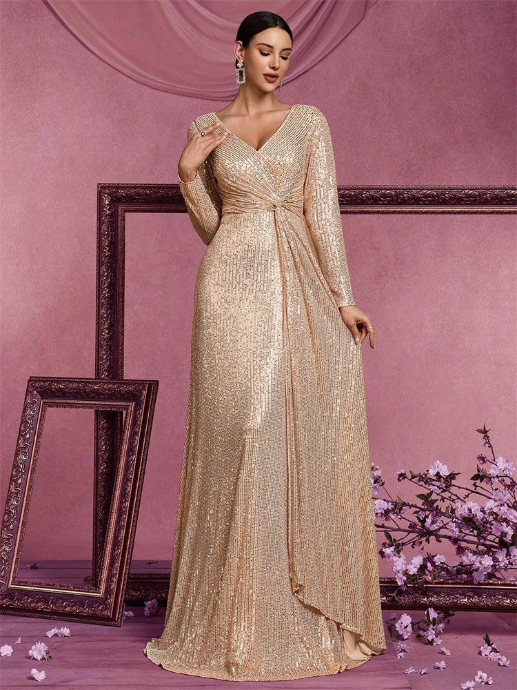 Evelyn Long-Sleeve Sequin Formal Dress