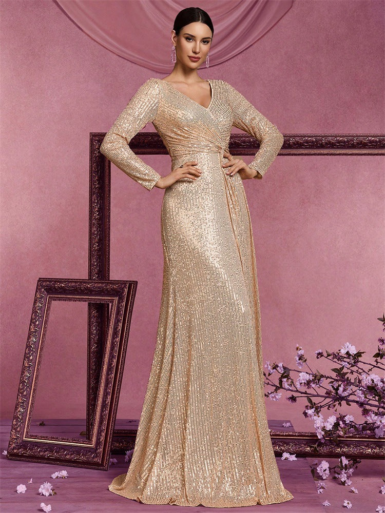Evelyn Long-Sleeve Sequin Formal Dress