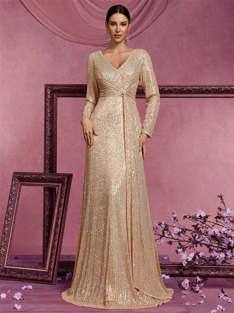 Evelyn Long-Sleeve Sequin Formal Dress