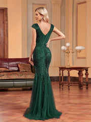 Short Sleeve Sequin Floral Mermaid Prom Dress XF251228