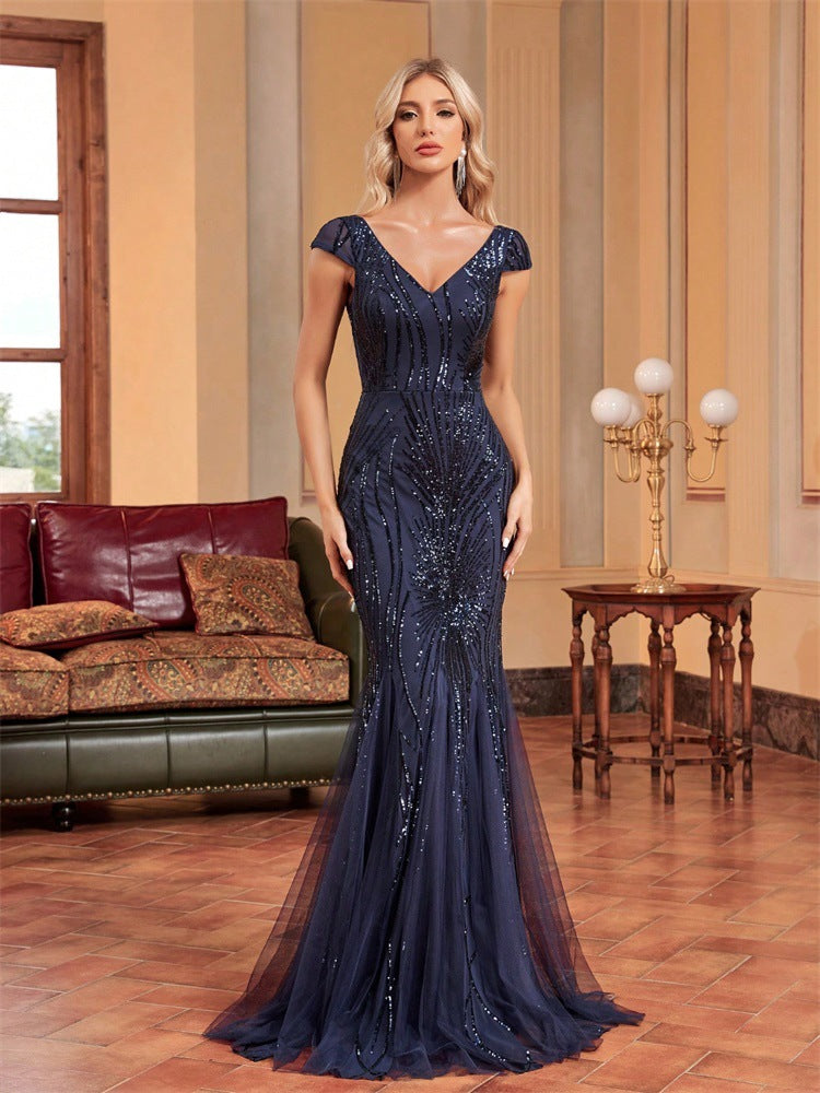 Short Sleeve Sequin Floral Mermaid Prom Dress XF251228